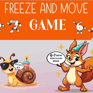 Op de afbeelding: Oranje educatieve spelafbeelding met de tekst "FREEZE AND MOVE GAME". Het bevat cartoonnummers, een slak met zonnebril en een eekhoorn. De slak heeft een verjaardagstaart op zijn rug.