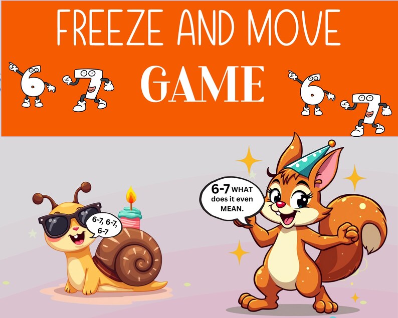 Op de afbeelding: Oranje educatieve spelafbeelding met de tekst "FREEZE AND MOVE GAME". Het bevat cartoonnummers, een slak met zonnebril en een eekhoorn. De slak heeft een verjaardagstaart op zijn rug.