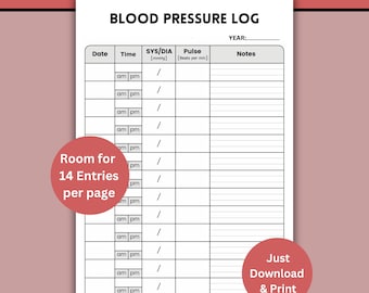 Blood Pressure Log, Blood Pressure Chart to Monitor Your Daily Blood Pressure, Health Medical Tracker (Printable PDF)