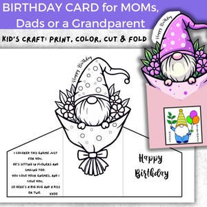 Carte d'anniversaire gnome à colorier, carte faite maison, carte de joyeux anniversaire, une carte à faire soi-même pour maman, papa, grand-mère ou grand-père à faire soi-même