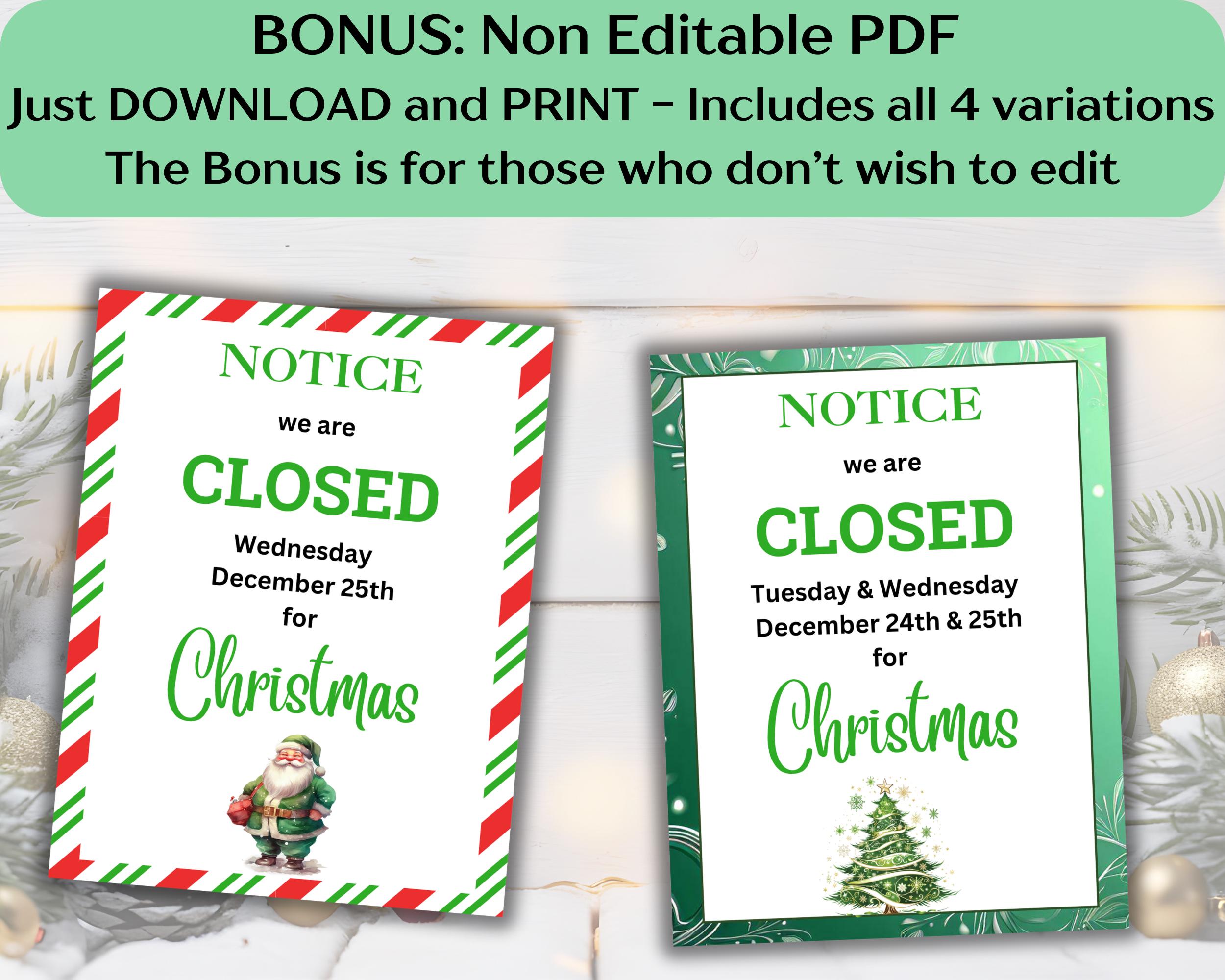 Closed Christmas Sign, Editable Office Sign for Door, Business Holiday ...
