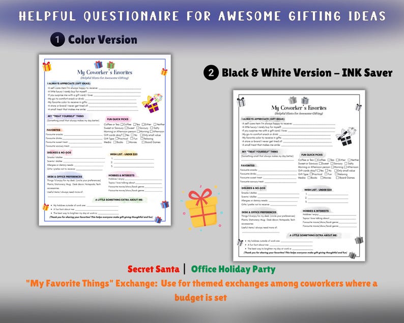 Employee Gift Questionnaire.pdf Coworker Secret Santa Questionnaire, Employee Favorites List, Teacher ...