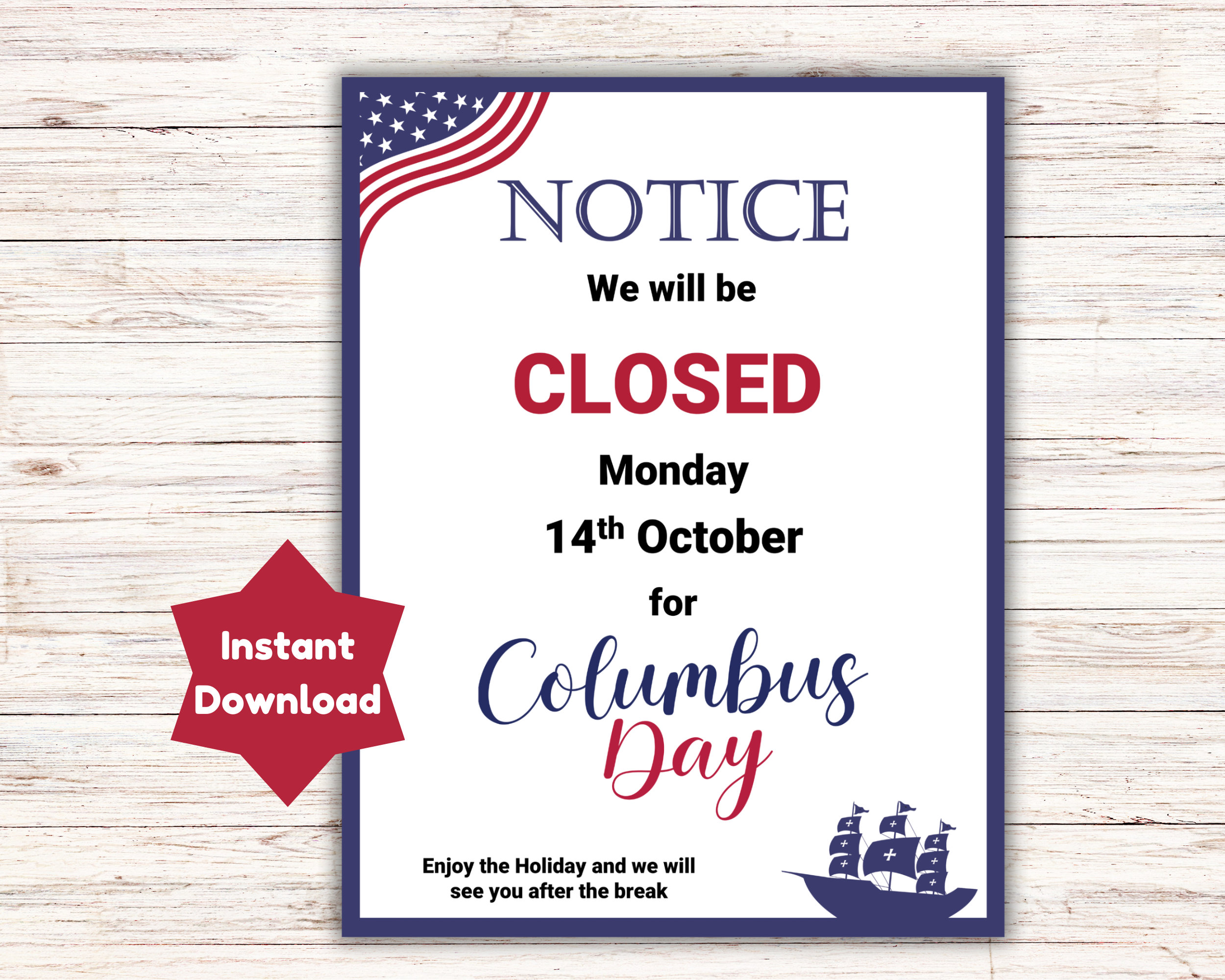 Columbus Day Closed Sign for Door Printable Sign, Closed on Columbus