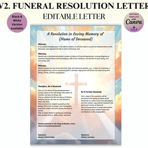 Carta de resolución de funeral en memoria de un ser querido como parte de su programa funerario: una plantilla de carta editable para brindar apoyo al servicio conmemorativo