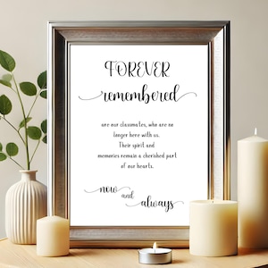 Forever Remembered High School Reunion Sign Remembering College Classmates In Loving Memory of Classmates Table Sign Classmate Memorial Sign