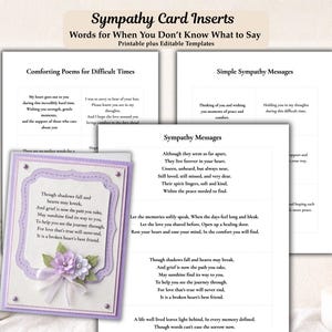 Puede incluir: Un conjunto de tarjetas de condolencia con plantillas imprimibles y editables. La imagen muestra una tarjeta lavanda y blanca con una decoración floral, junto con páginas de poemas reconfortantes y mensajes de condolencia.