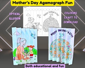 Mothers Day 3D Paper Craft Template, Agamograph Kids Activity Coloring Page, Kids Educational Activity for Happy Mothers Day, Art and Crafts