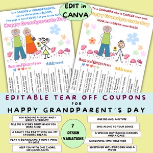 Folleto de cupones editable para el Día de los Abuelos: regalo imprimible para abuelas y abuelos, tarjeta para el Día de los Abuelos con 10 cupones desprendibles