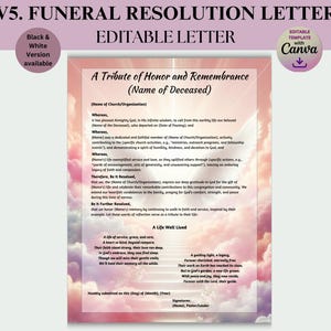 Carta de resolución de funeral Un tributo de honor y recuerdo, una plantilla de carta editable para un programa funerario o un servicio conmemorativo