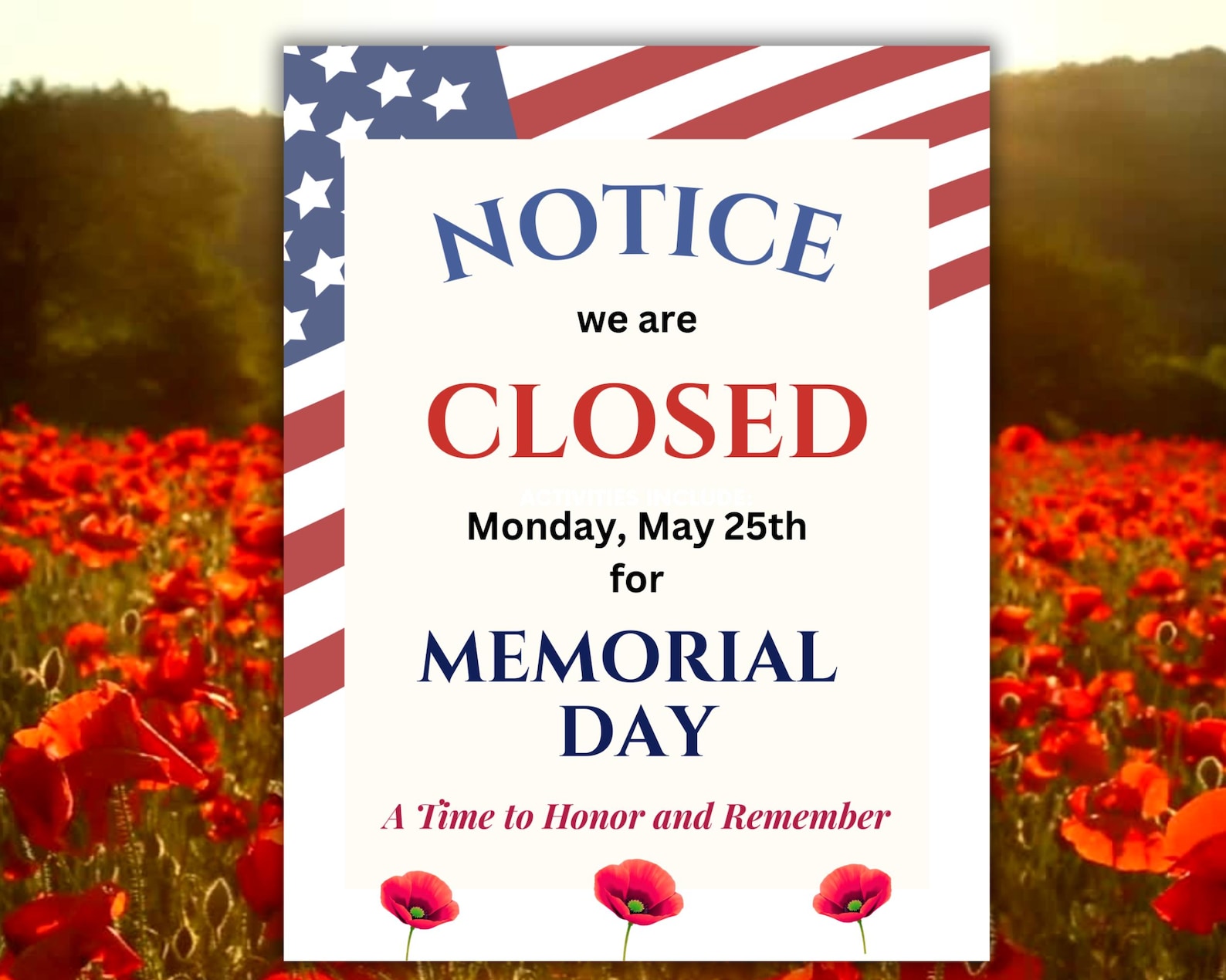 Memorial Day Closed Sign for Door a Printable Sign, Closed on Memorial