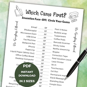 Which Came First Trivia Game a Team Building Game or an Office Party Trivia Game. 21 Invention face off questions, a digital download as a PDF, answers included.