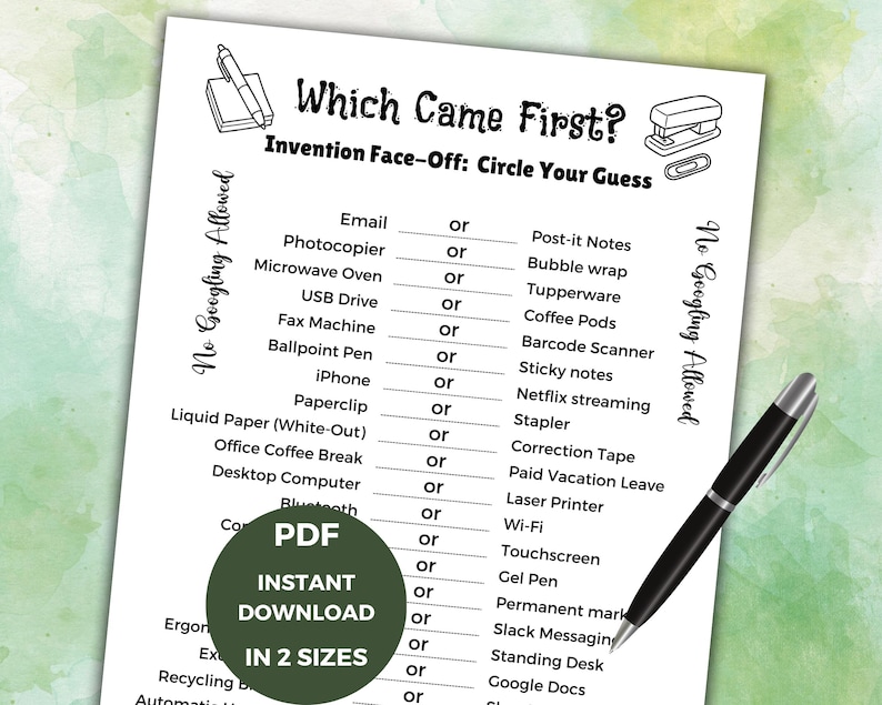 Which Came First Trivia Game a Team Building Game or an Office Party Trivia Game. 21 Invention face off questions, a digital download as a PDF, answers included.