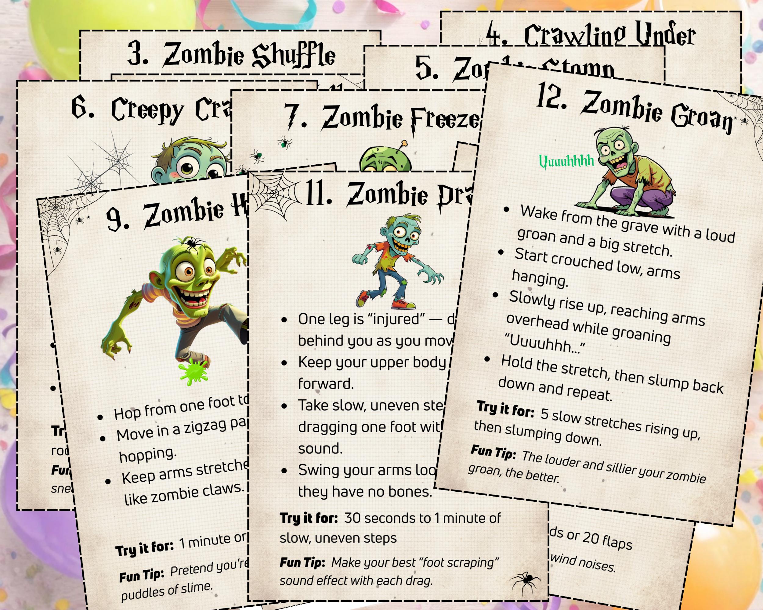 Printable Party Game, Zombie Movement Cards for Kids, Group Party Game ...