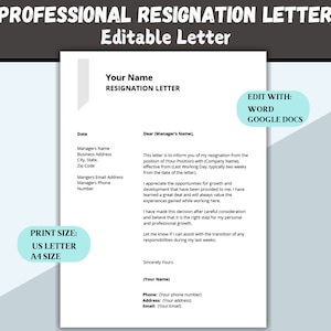 Plantilla de carta de renuncia editable y personalizable, carta de renuncia, carta de renuncia profesional para fácil edición