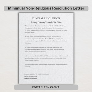 Puede incluir: Un documento de resolución funeraria con el texto "Resolución Funeraria" y "En memoria de Michelle Ellen Vickers." El documento está sobre un fondo blanco con el texto "Editable en Canva" en la parte inferior.