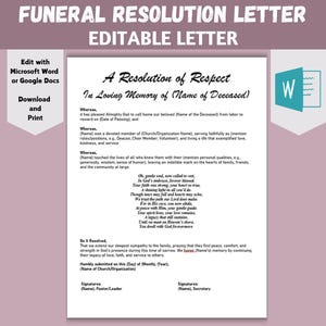 Carta de resolución de funeral editable con respeto, en memoria de un ser querido, una plantilla de carta para un servicio conmemorativo incluye un poema fúnebre