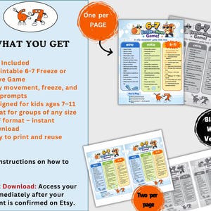 Op de afbeelding: Printbaar 6-7 Freeze or Move spel voor kinderen van 7-11 jaar. Het spel bevat grappige bewegings- en bevriesopdrachten. PDF-formaat voor direct downloaden en gemakkelijk printen. De afbeelding toont het spel in kleur en zwart-wit.