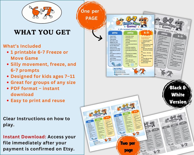 Op de afbeelding: Printbaar 6-7 Freeze or Move spel voor kinderen van 7-11 jaar. Het spel bevat grappige bewegings- en bevriesopdrachten. PDF-formaat voor direct downloaden en gemakkelijk printen. De afbeelding toont het spel in kleur en zwart-wit.