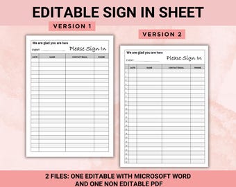 Editable Sign In Sheet, Open House Sign In Template, Attendance Sheet, Parent Sign UP Sheet, Edit with Microsoft Word, PDF is NOT Editable