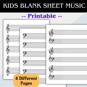 Puede incluir: Partitura en blanco imprimible para niños. Seis páginas diferentes con clave de sol. "Kids Blank Sheet Music - Printable"