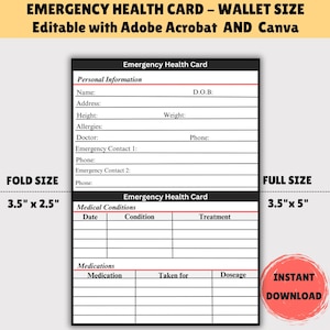 Cartão de informações médicas editável, cartão de carteira com registro de medicamentos e contato de emergência, cartão de carteira de emergência, lista de medicamentos para impressão