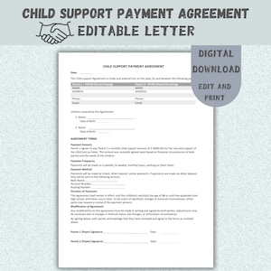 Carta de acuerdo de pago de manutención infantil editable: personalice con facilidad, plantilla de pago de manutención infantil de descarga digital, formalice el pago