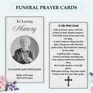 Cartões de Oração Funerária para Uso em um Programa Memorial, Cartão de Oração Editável em Memória Amorosa, Celebração da Lembrança da Vida, Poemas para Funerais