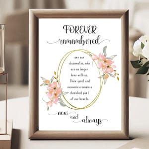 Forever Remembered High School Reunion Sign, Remembering College Classmates, In Loving Memory, Table Sign Classmate Memorial Sign