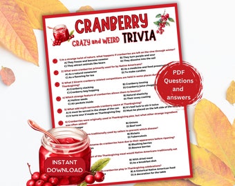 Trivia-quiz met gekke rare cranberry-feiten, afdrukbare trivia-games, Thanksgiving-vakantiespel, herfstprintables, vragen over ijsbrekers