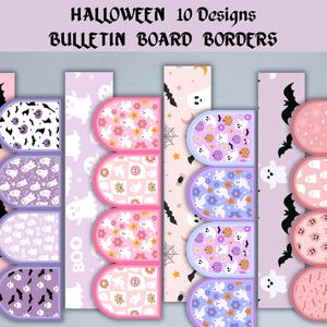 May include: Halloween-themed bulletin board borders in various designs. The borders feature patterns of bats, ghosts, flowers, and pumpkins in pink, purple, and white. The text "Halloween 10 Designs Bulletin Board Borders" is at the top.
