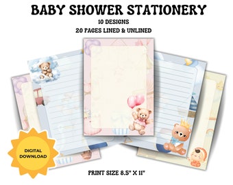 Briefpapier-Set zur Babyparty – 10 Designs, 20 Seiten, unlinierte und linierte Seiten – Briefpapier – Briefkopfvorlage