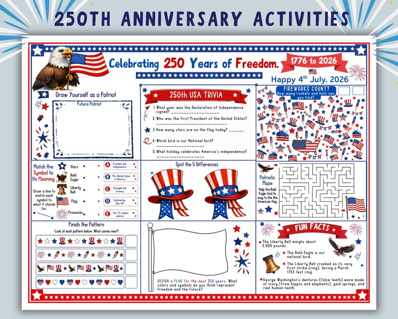 USA 250 America Activity Placemat for Kids, 250th Anniversary Games ...