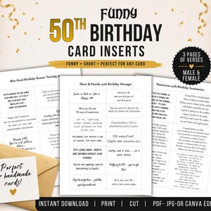 May include: Three white sheets of paper featuring printed 50th birthday card inserts with humorous text, accompanied by a tan envelope and a small square card with the text Perfect for handmade cards and a gold heart icon on a confetti background.