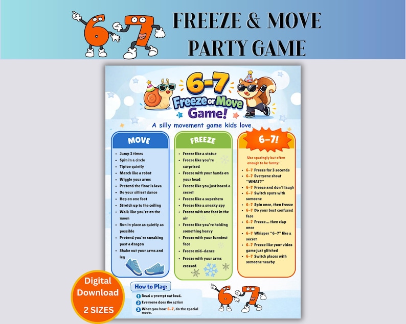 Op de afbeelding: Een kleurrijke feestspelposter getiteld "Freeze & Move" met instructies voor kinderen. De poster bevat cartoonnummers, een slak en een eekhoorn. Het bevat de actie-aanwijzingen "Move", "Freeze" en "6-7!". Digitale download beschikbaar.