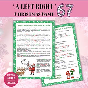 Può includere: Un gioco natalizio rosa e bianco intitolato "A Left Right Christmas Game" con i numeri "67" nell'angolo in alto a destra. Il gioco include una storia di due pagine con illustrazioni e testo. Il testo include la frase "Left Right Mix Up".