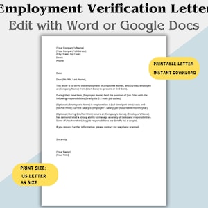 Professional Employment Verification Letter Template, Editable Human Resources Employment Letter, Verify Salary Letter or Job Verification