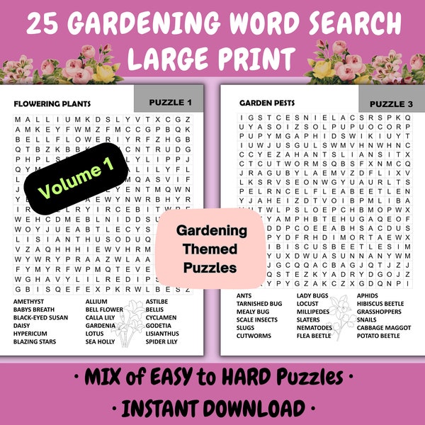 Word Search Puzzles for Adults, 25 Fun Gardening Themed Word Find Puzzles - Suitable for All Ages, Dementia Activity, Party Games, Birthdays