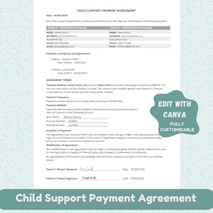 Carta de acuerdo de pago de manutención infantil editable: personalícela fácilmente, plantilla de manutención infantil para descarga digital, compatible con Canva