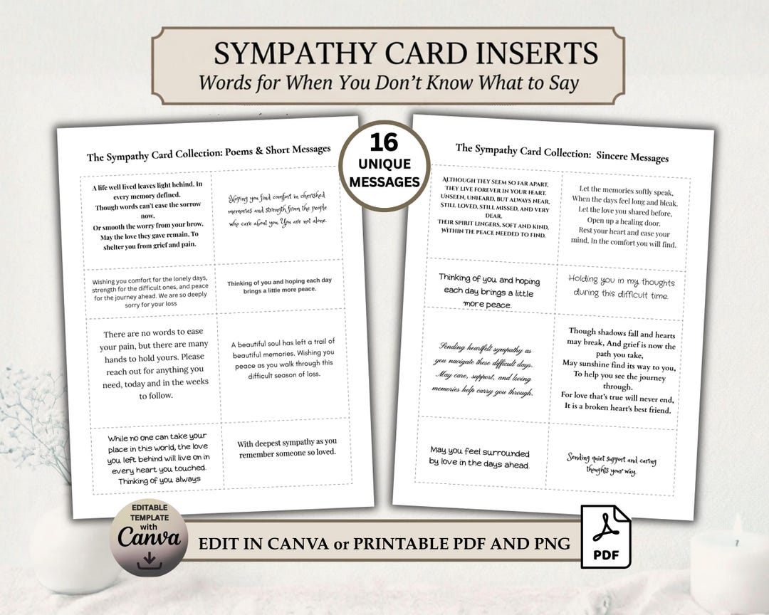 Sympathy Script Sympathy Card Inserts, 16 Condolence Verses for Card Making, Printable ...