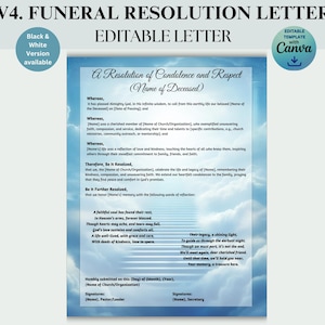 Carta de condolencias y respeto para la resolución de un funeral, para usar en su programa funerario Plantilla de carta editable para brindar apoyo en un servicio conmemorativo