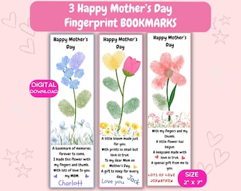Peut inclure: Trois marque-pages imprimables représentant des fleurs faites avec des empreintes digitales et des messages personnalisés pour la fête des mères. Chaque marque-page mesure 2 pouces par 7 pouces et comprend une fleur réalisée avec des empreintes digitales, un message personnalisé et le nom de l'enfant qui l'a réalisé.