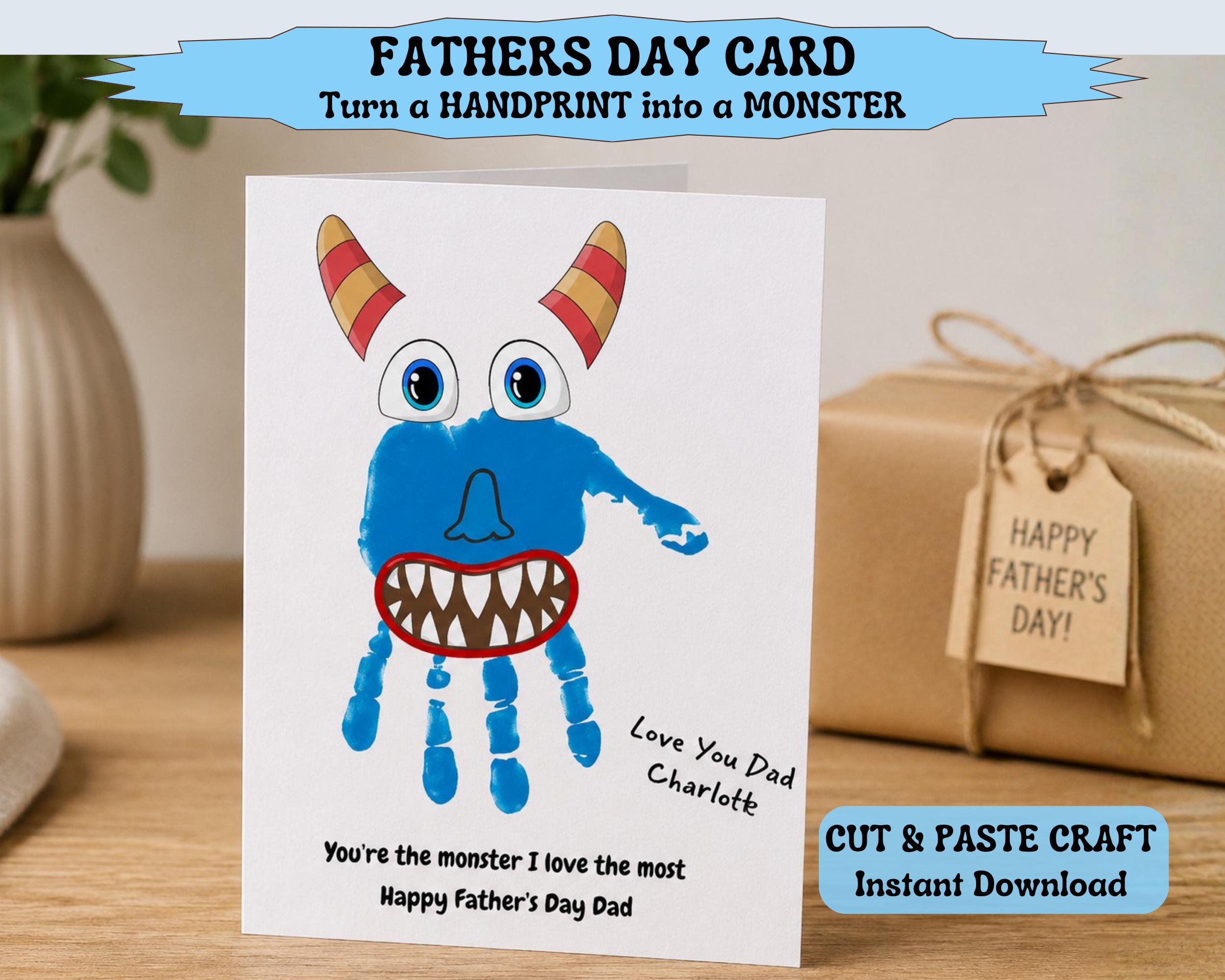 35 Crazy Fun Monster Crafts for Kids That Are Super Adorable 11 Fathers Day Card, Handprint Monster Craft Card for Dad, Funny Cut…