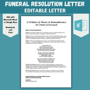 Carta de resolución de funeral editable Un tributo de honor y recuerdo para el servicio conmemorativo Carta con un poema fúnebre para un servicio fúnebre