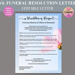 Carta de resolución de funeral editable para un servicio funerario, una carta de resolución de respeto para un funeral en la iglesia o un servicio conmemorativo