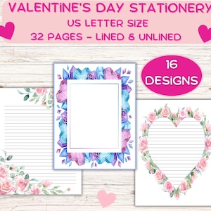 Conjunto de papelaria para impressão para o Dia dos Namorados, 16 designs; papel para escrever cartas para o Dia dos Namorados; papelaria pautada e sem pauta para o Dia dos Namorados