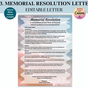 Carta de resolución conmemorativa, una plantilla de carta editable para un programa funerario o un servicio conmemorativo de apoyo para familiares en duelo