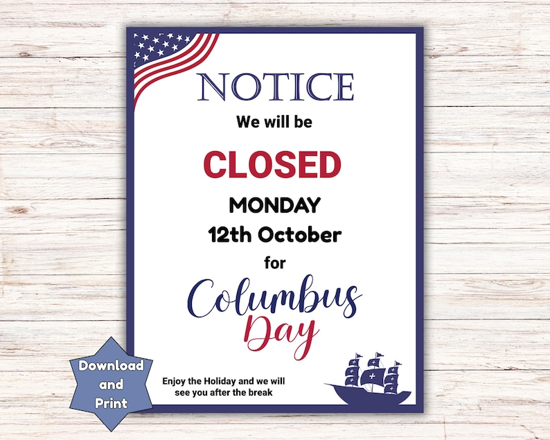 Columbus Day Closed Sign for Door Printable Sign, Closed on Columbus