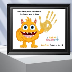 Feliz cumpleaños, papá, tarjeta de cumpleaños de monstruo como manualidad con huella de mano, tarjeta de feliz cumpleaños, tarjeta DIY para papá, tarjeta de cumpleaños con huella de mano hecha a mano