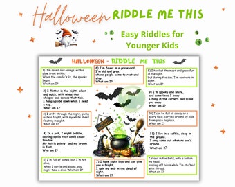 May include: A printable Halloween riddle worksheet with colorful illustrations of bats, pumpkins, ghosts, and witches. The worksheet features 12 riddles with answers for kids to solve.