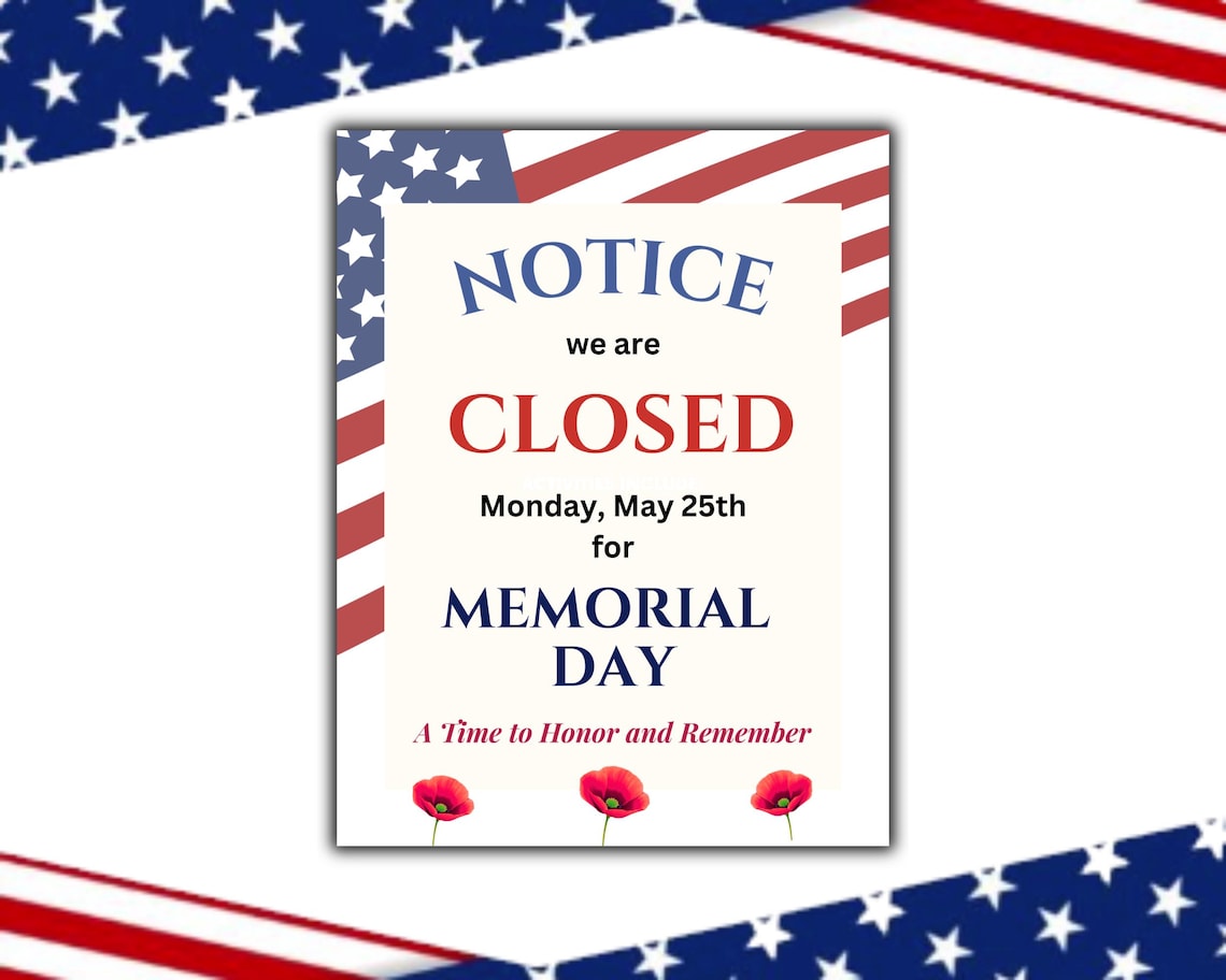 Memorial Day Closed Sign for Door a Printable Sign, Closed on Memorial